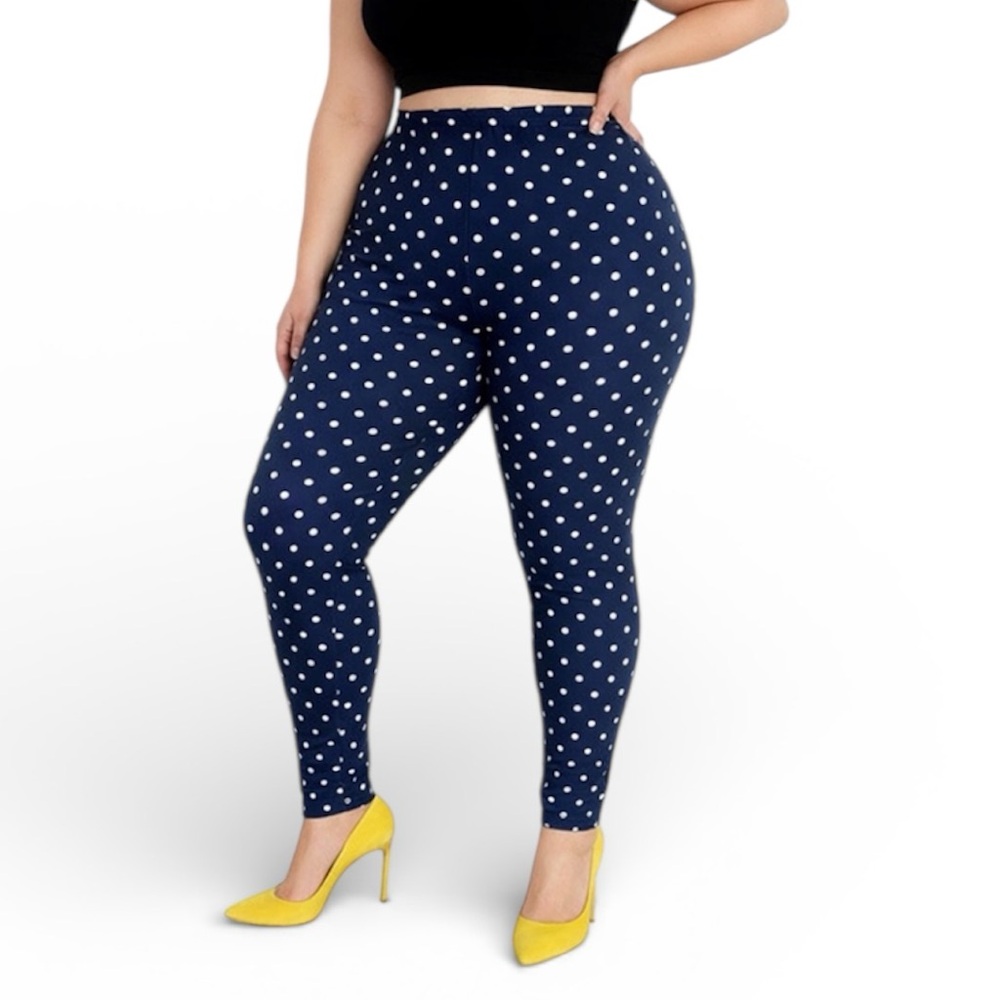 Leggings Depot navy blue white polka dot soft stretch leggings plus size
